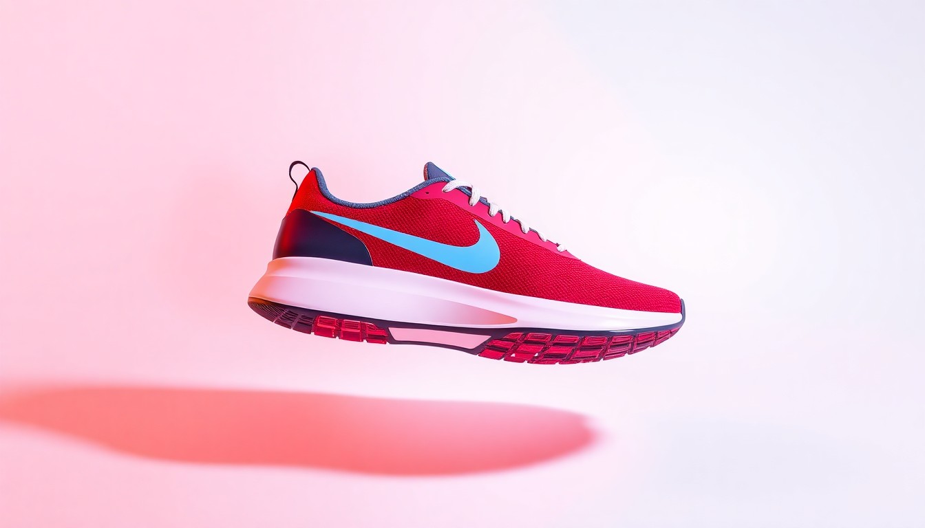 A minimalist, photorealistic studio photograph of a modern, boldly-colored Nike shoe floating on a clean white background, conveying the brand's focus on innovative product design.