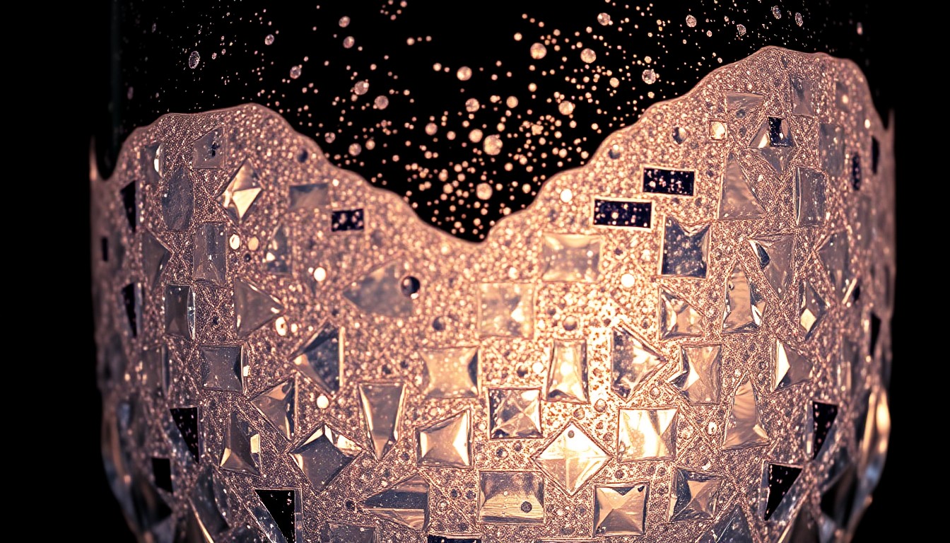 An extreme close-up photograph of the intricate, glittering texture of a crystal cocktail glass, bathed in dramatic high-contrast studio lighting to create a luxurious, high-fashion aesthetic.