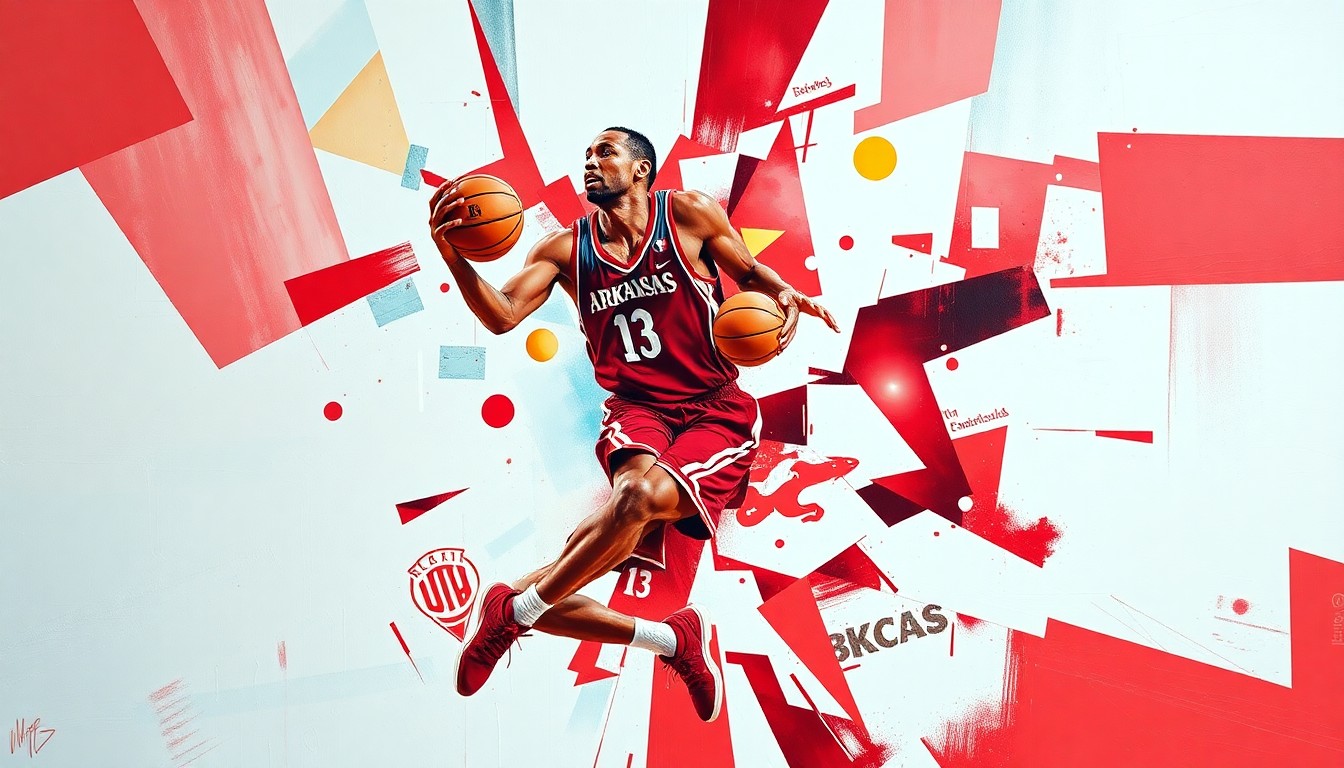 A cubist-style painting depicting a basketball player in motion, with their body and movements broken down into sharp, overlapping geometric shapes in shades of red and white.