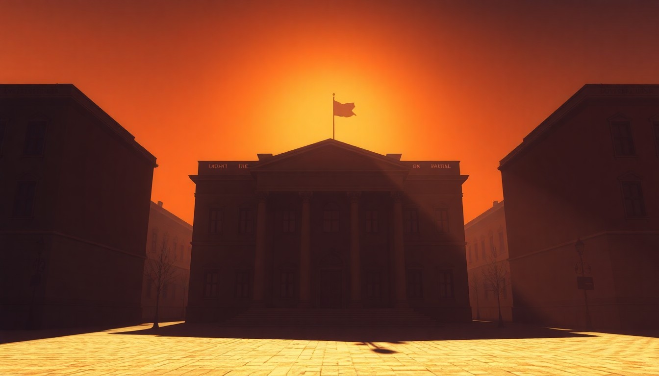 A quiet, cinematic painting of a solitary government building in a European city, with warm sunlight and deep shadows creating a contemplative, nostalgic mood that reflects the political implications of the election result.