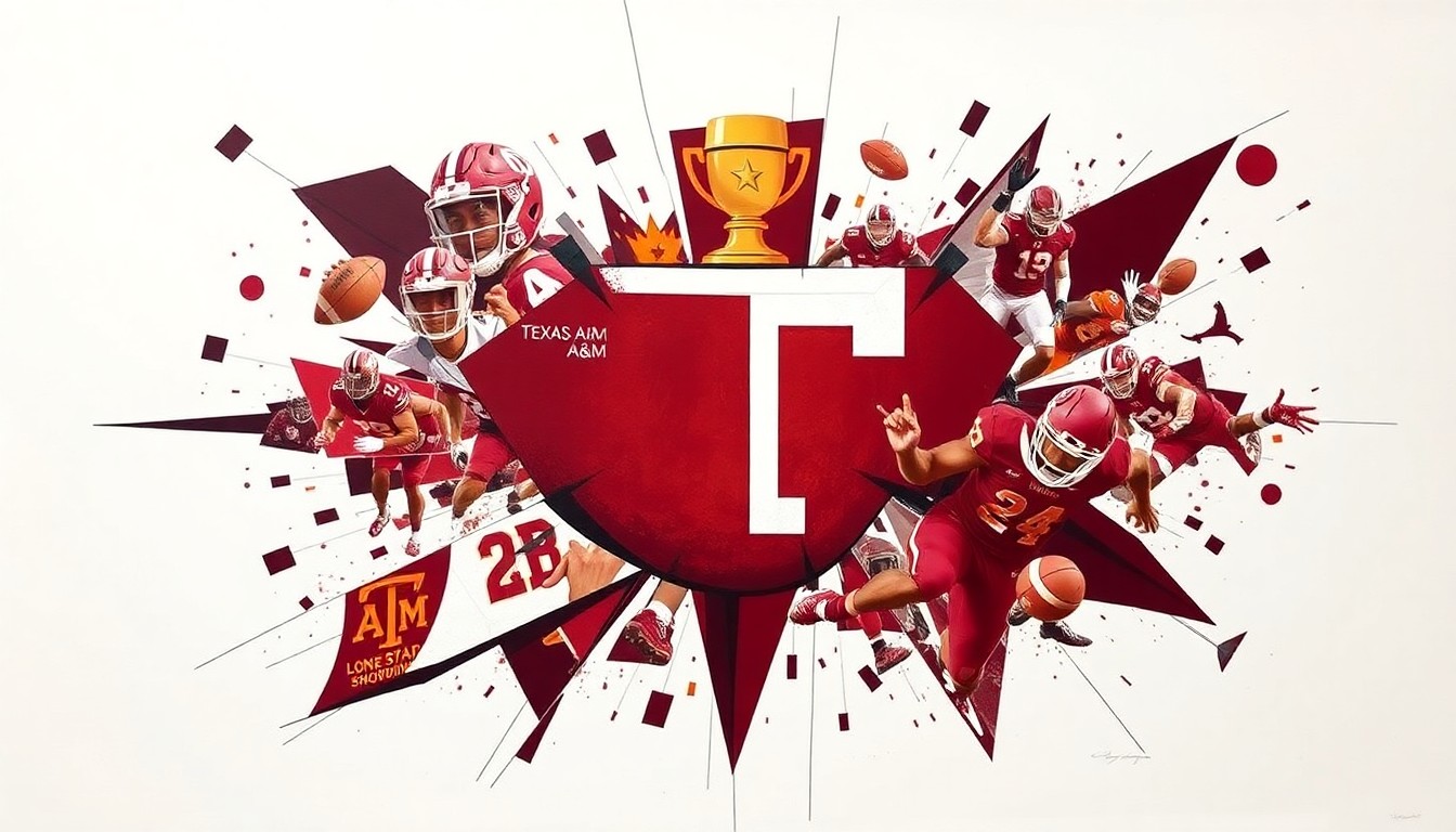 A fractured, multi-perspective painting featuring sharp, overlapping geometric planes in maroon and white, with hints of a trophy and a basketball player, conceptually representing Texas A&M's athletic success across various sports.