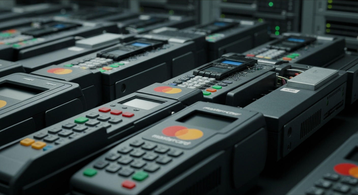 An extreme close-up of Mastercard's payment processing hardware, such as card readers and data servers, conveying the scale, complexity, and technological prowess of the company's financial infrastructure.