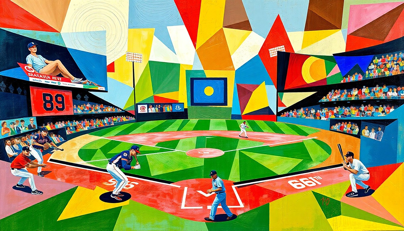 A cubist, geometric painting depicting the action of a baseball game, with the batter and pitcher as the central focus, surrounded by abstracted shapes and planes of color representing the players, field, and crowd.