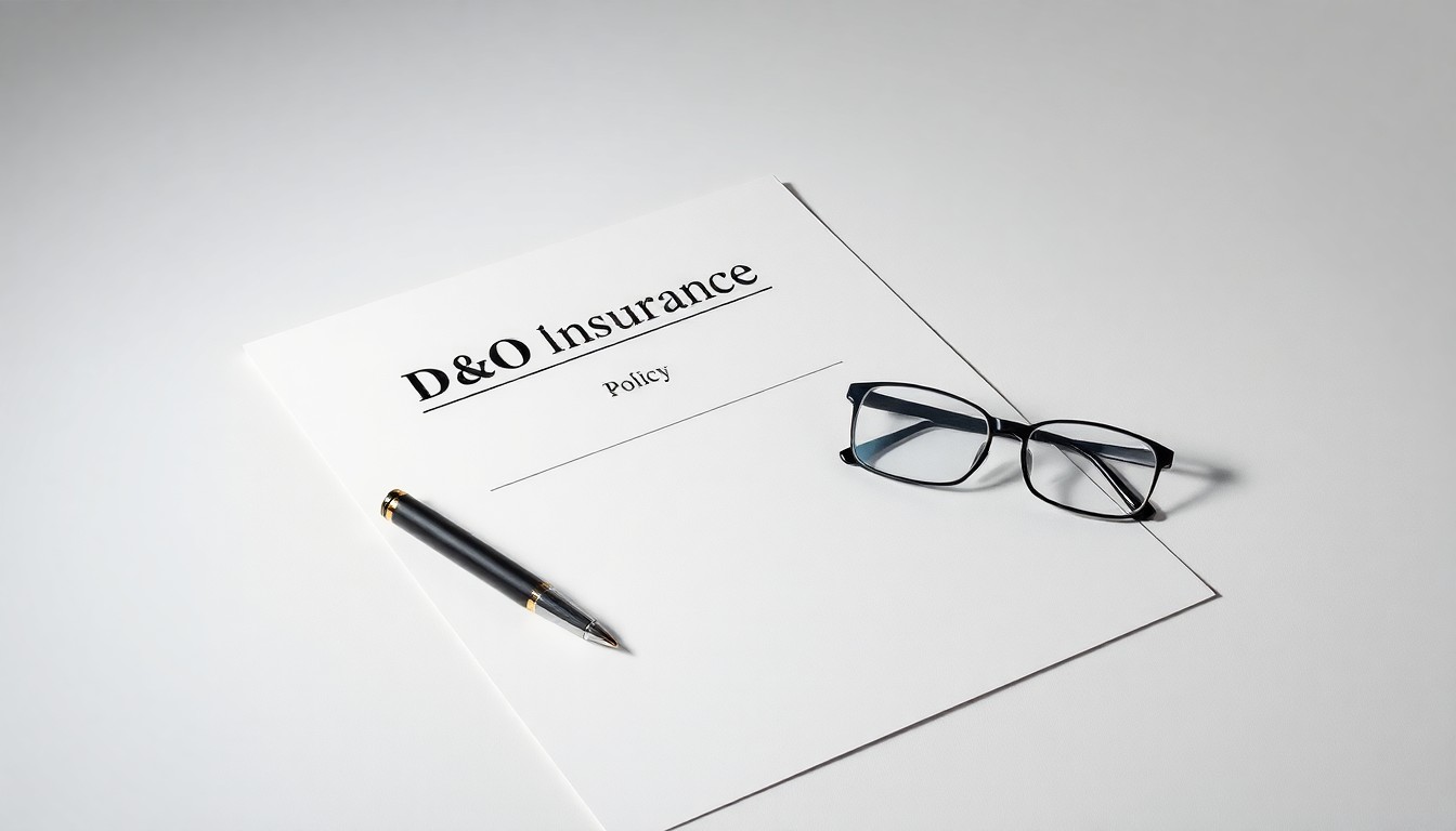 A high-end, photorealistic studio still-life photograph featuring a polished metal D&O insurance policy document, a sleek pen, and a pair of reading glasses arranged elegantly on a clean, monochromatic seamless background, conceptually representing the abstract corporate strategy and risk management associated with executive liability coverage.