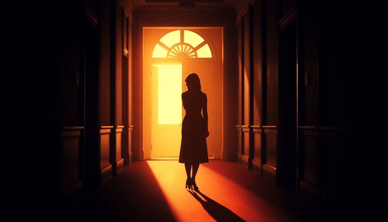 A dimly lit, cinematic painting of a solitary figure standing in a government building hallway, bathed in warm, diagonal sunlight and deep shadows, conveying a sense of quiet contemplation about the challenges facing the foster care system.
