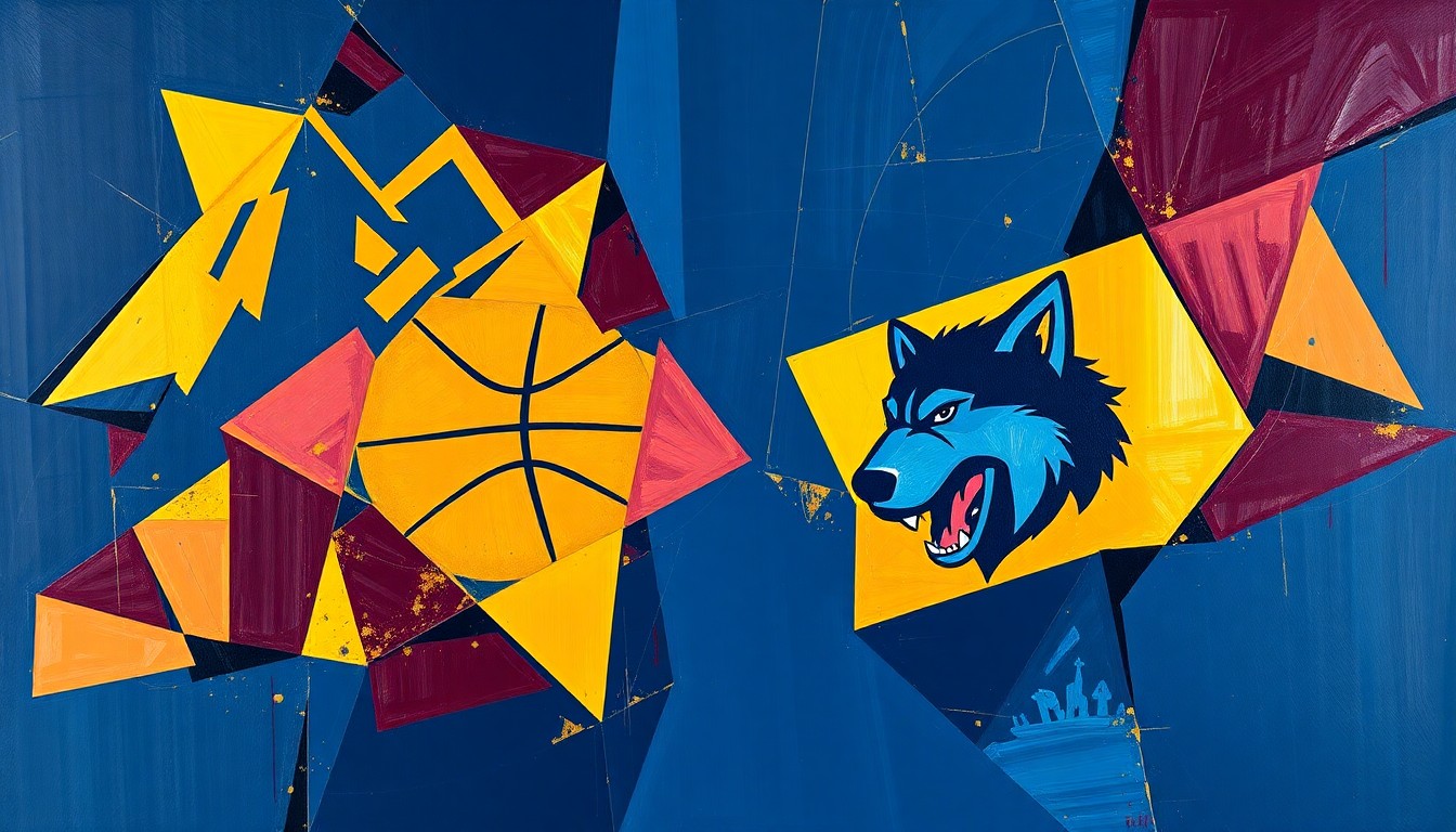 A cubist, geometric painting depicting the action of a basketball game, with overlapping planes of navy blue, gold, and burgundy representing the players and court.