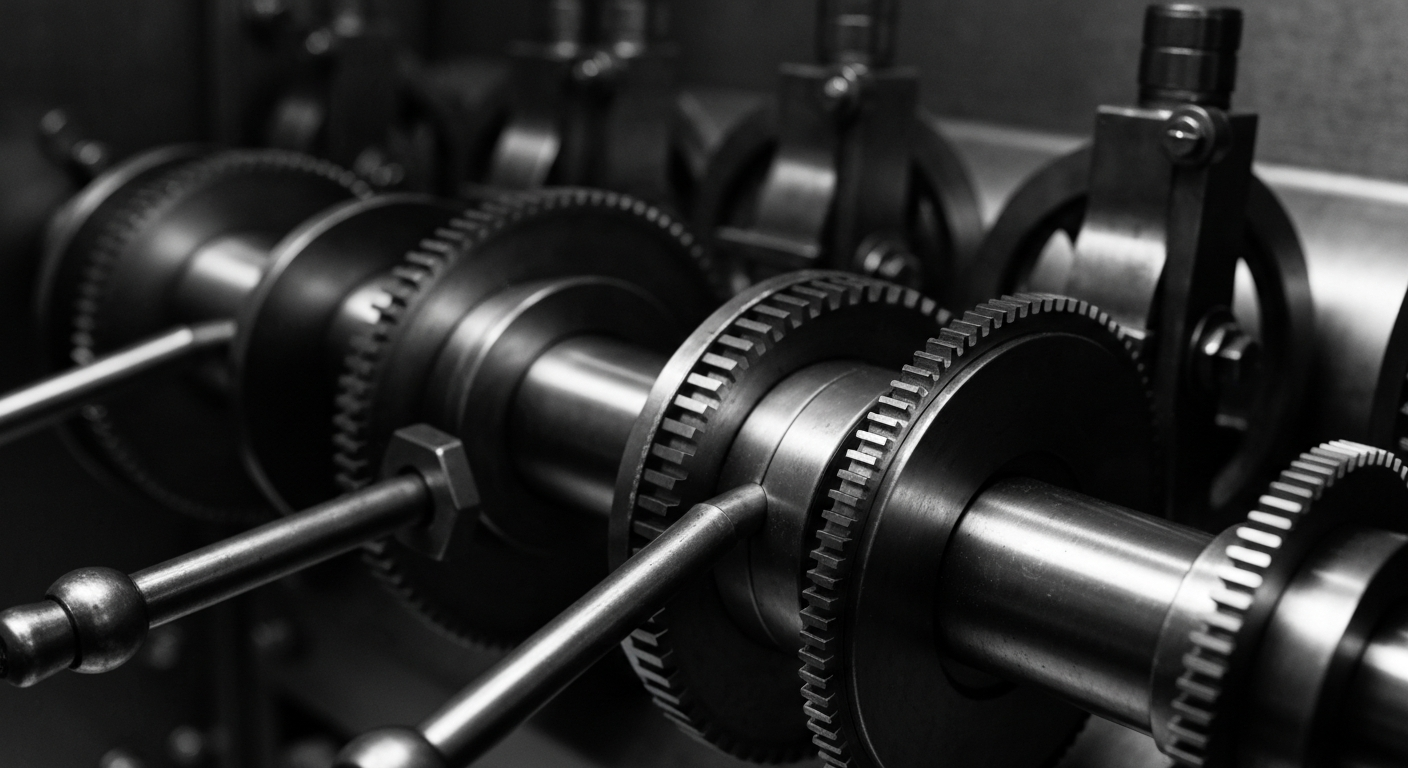 A high-contrast, close-up image of the complex machinery and mechanisms inside a bank vault, representing the institutional strength and security of the financial system.
