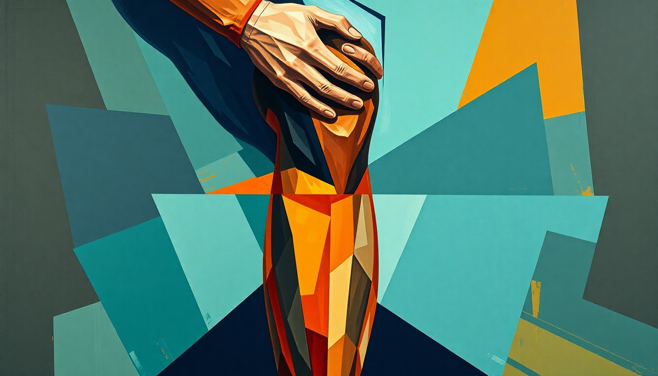 A fractured, cubist-style painting depicting a football player's injured knee, with sharp geometric shapes in navy, teal, and orange hues representing the torn ligaments and damaged joint.