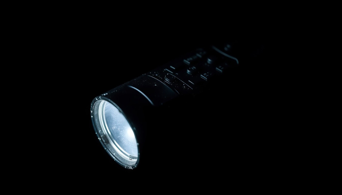 An extreme close-up photograph of a damaged police radio or flashlight, lit by a harsh, direct camera flash against a pitch-black background, conceptually representing the violent confrontation between deputies and the Alexis family.