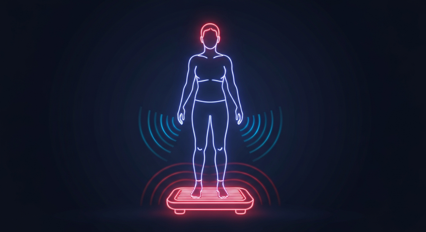 A glowing, neon outline of a person standing on a vibration plate, with the neon lines pulsing and vibrating to capture the energy and movement of the device, conceptually illustrating the role of vibration plates in a wellness routine.