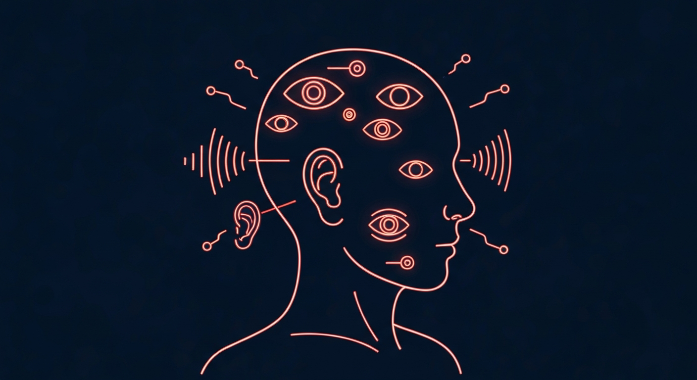 A minimalist design in the style of Keith Haring, with a glowing neon outline of a person's head and various sensory stimuli like sound waves, eyes, and ears emanating from it, conceptually representing the heightened sensory experience of someone with misophonia.