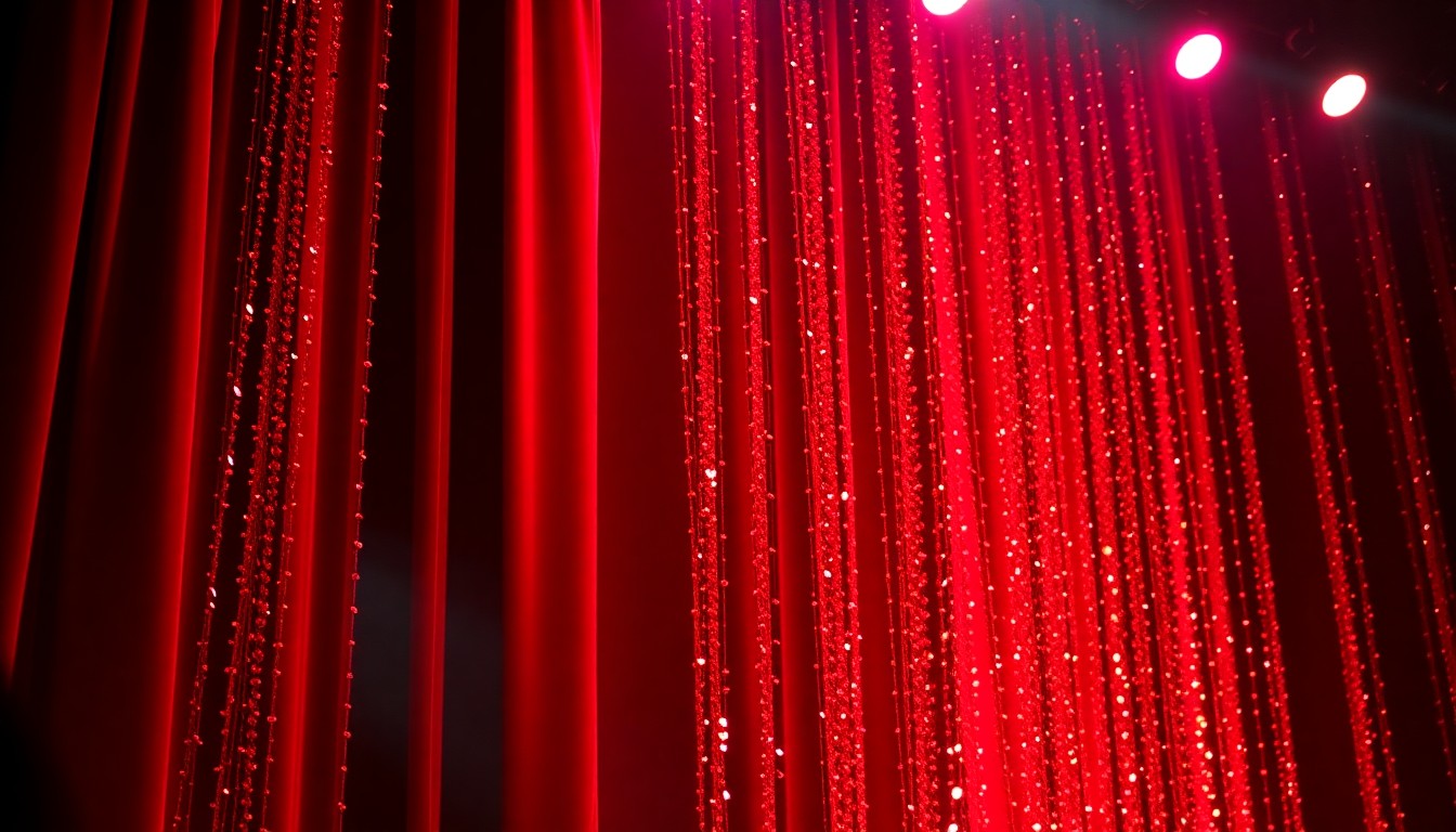 An extreme close-up photograph of a glittering, sequined stage curtain in shades of deep red and gold, capturing the glamour and energy of a live music performance.