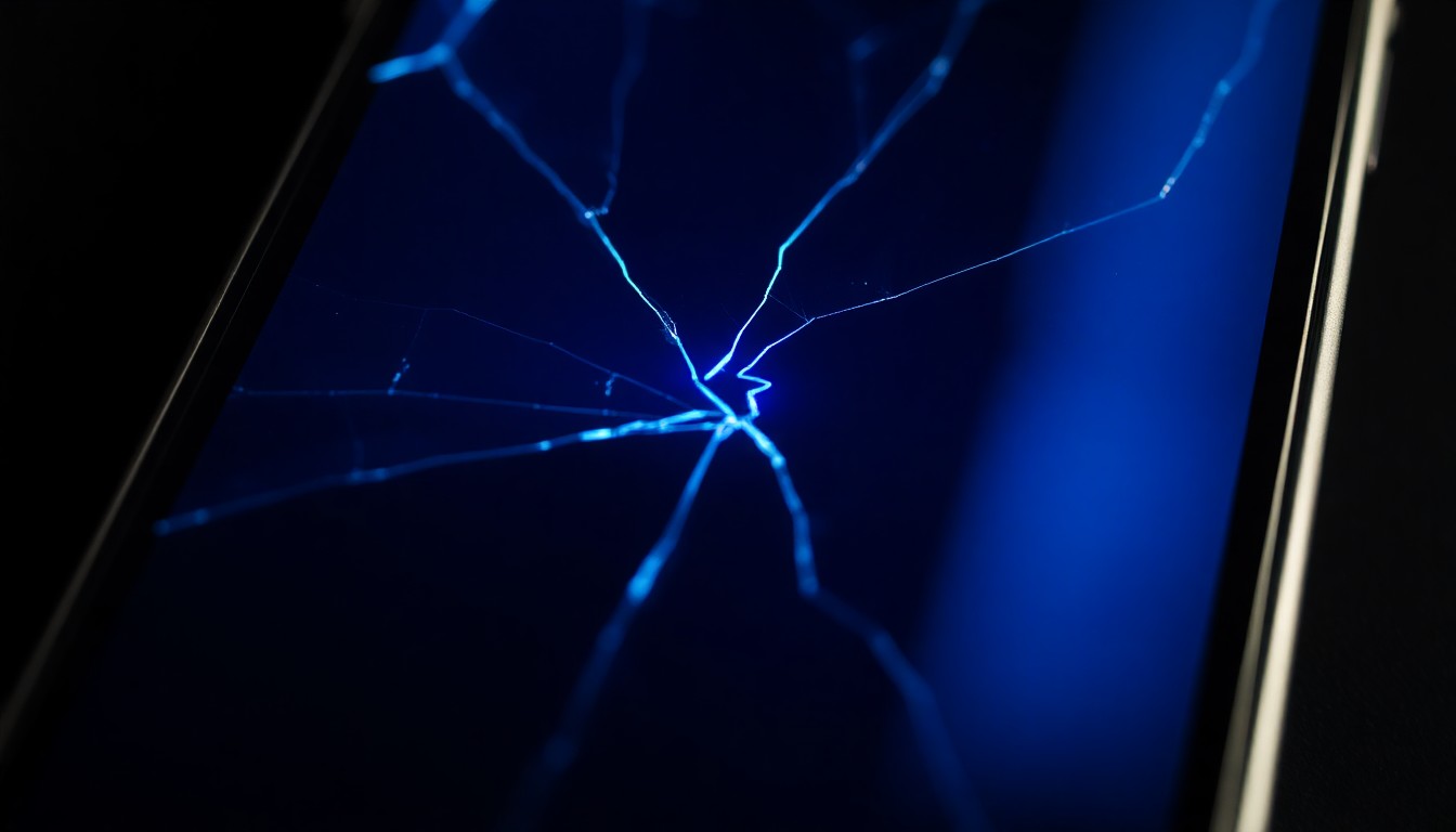An extreme close-up of a cracked smartphone screen reflecting a faint blue light, conceptually representing the threatening text messages that prompted a criminal investigation and arrest.