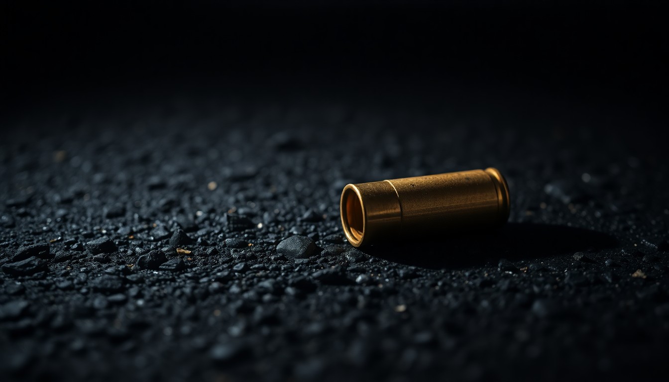 An extreme close-up photograph of a single spent shell casing on a dark asphalt surface, capturing the gritty, investigative nature of the crime scene.
