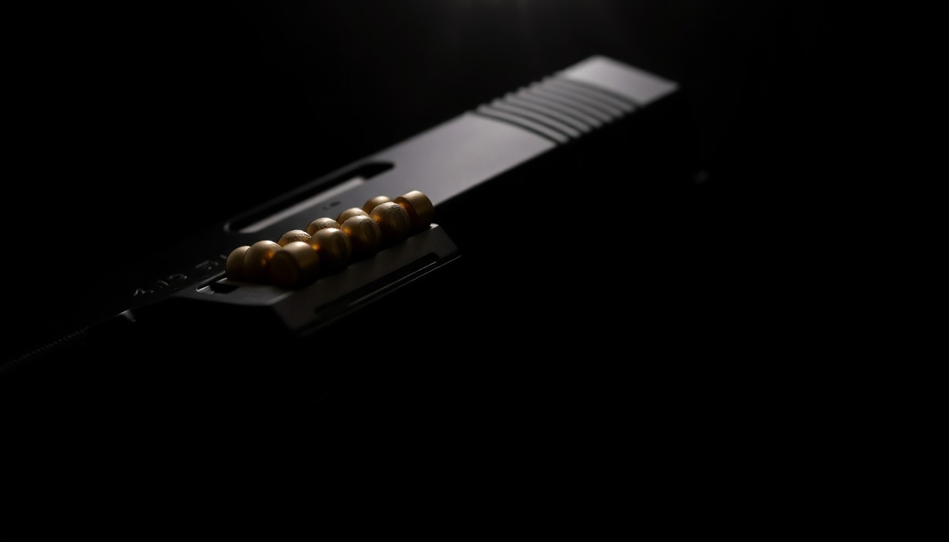 An extreme close-up photograph of a loaded handgun magazine, the metal and ammunition visible in stark detail against a pitch-black background, conceptually representing the recovery of an illegal firearm by law enforcement.