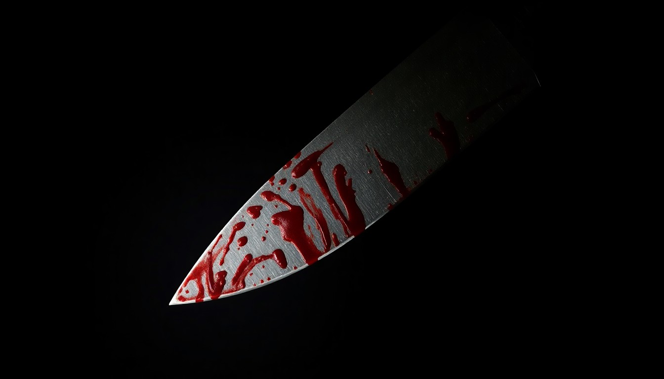 An extreme close-up of a bloodied knife blade, the harsh flash illuminating the sharp metal edge and droplets of red liquid against a pitch-black background, conceptually representing the violence of a stabbing incident.