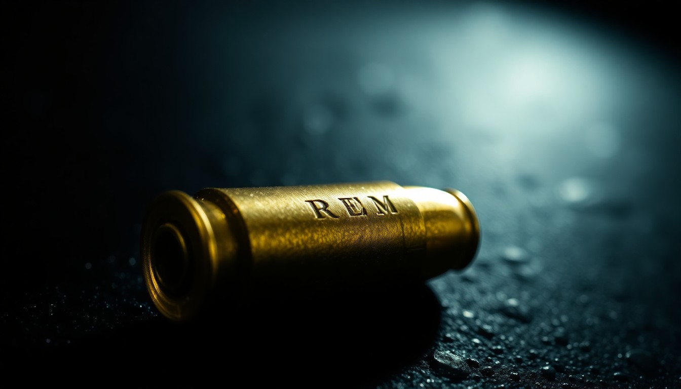 An extreme close-up photograph of a spent bullet casing on a dark, textured surface, lit by a harsh, direct camera flash, conceptually illustrating the aftermath of a shooting incident.