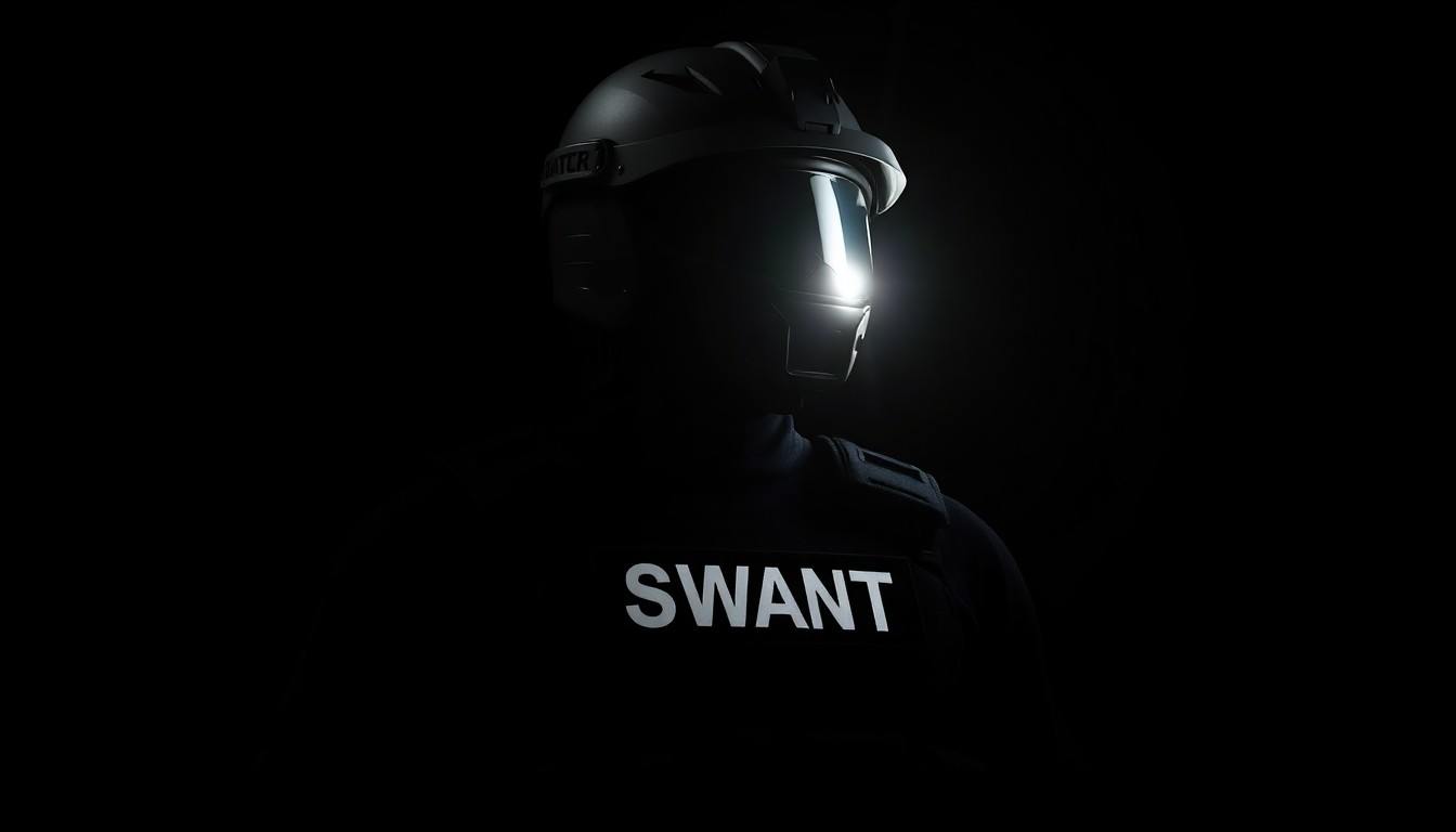 An extreme close-up photograph of a SWAT team tactical vest and helmet, the harsh flash creating a stark, gritty, investigative aesthetic that conceptually represents the new agreement's focus on enhanced public safety and emergency preparedness.