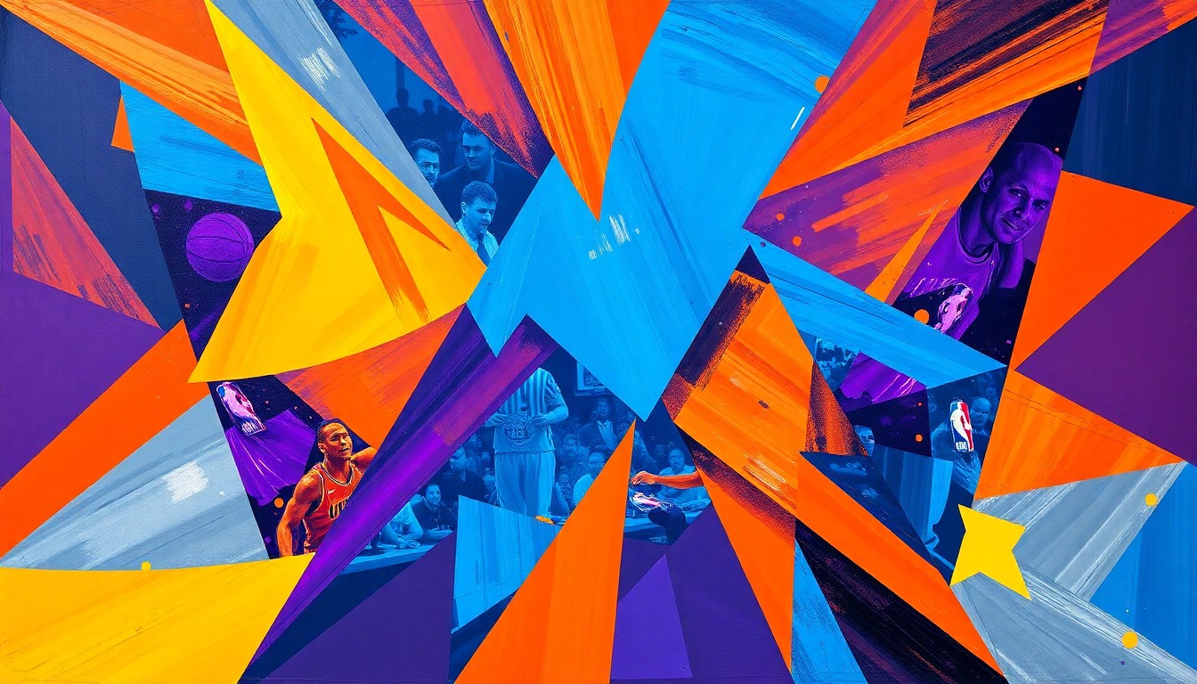 A fragmented, geometric painting depicting the intensity of an NBA playoff basketball game, with overlapping planes of bright orange, electric blue, and deep purple colors.