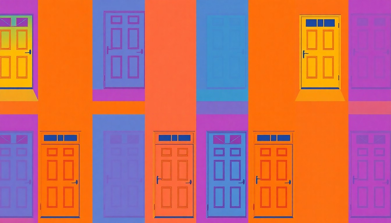 A brightly colored, high-contrast silkscreen print of a single, iconic home exterior feature like a roofline or window, repeated in a tight grid pattern in vibrant neon hues and heavy black outlines, conceptually representing the modern yet neighborhood-friendly design of this Sioux Falls home.