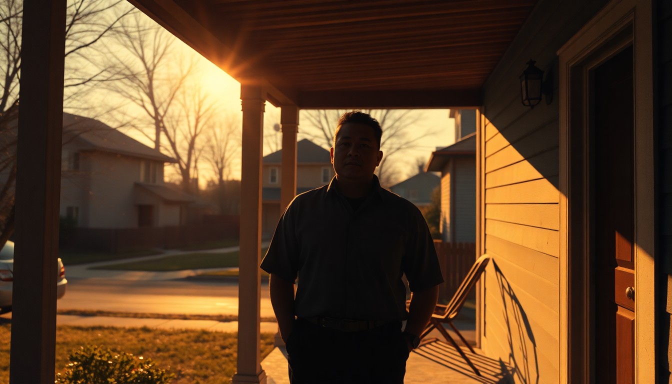 A realistic oil painting depicting a solitary Hmong American man standing on the porch of a modest home, the warm sunlight casting deep shadows across the scene and creating a contemplative, cinematic mood.