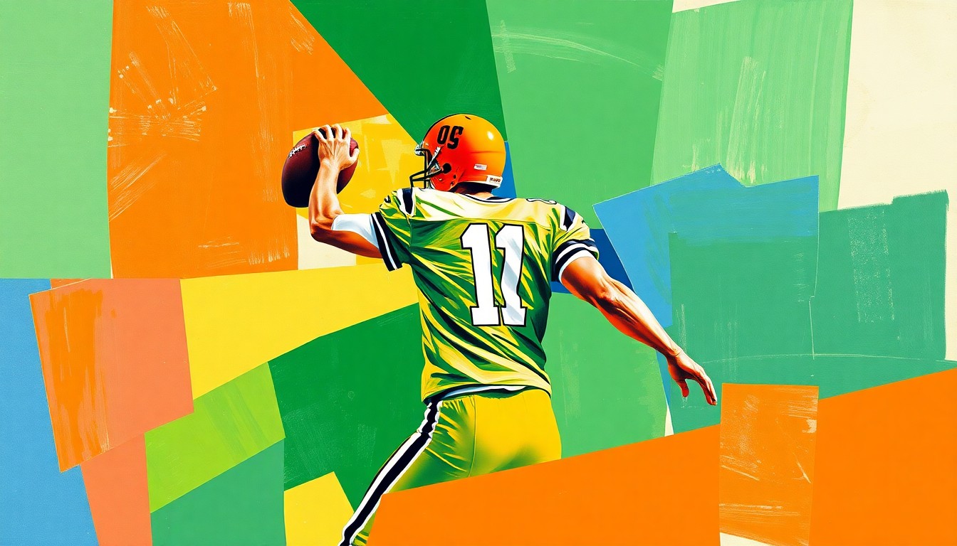 A cubist, geometric painting depicting a quarterback in motion, with sharp, overlapping planes of color representing the dynamic nature of the position and Miami's strategic approach to building their future signal-callers.