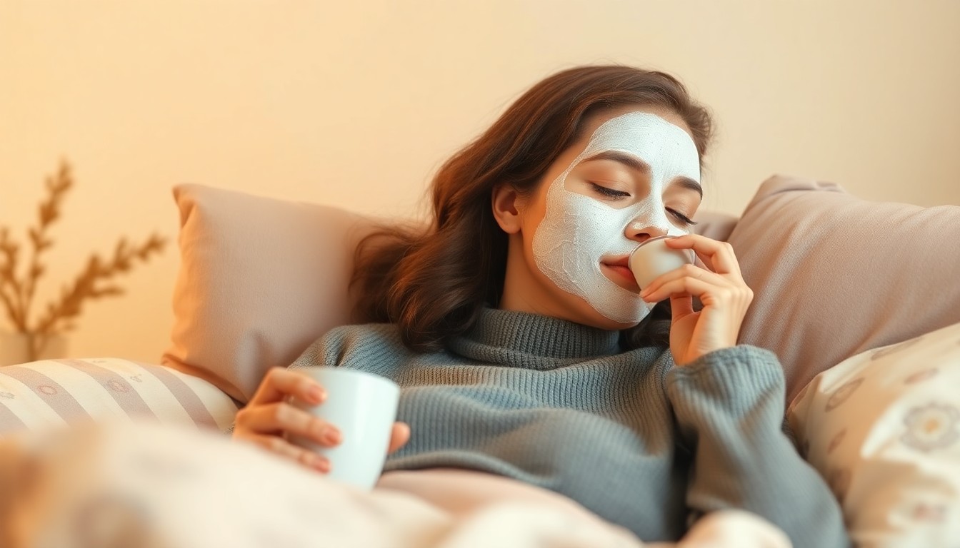 A blurred, impressionistic photograph in soft, warm tones depicting a woman's hands holding a cup of tea or applying a face mask, conveying a sense of tranquility and self-care.