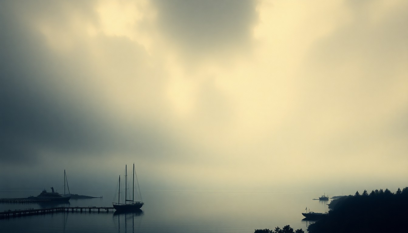 A vast, atmospheric landscape painting depicting a serene, fog-shrouded lake, with the silhouettes of boats and docks barely visible in the distance, conveying the overwhelming scale and power of the natural environment.