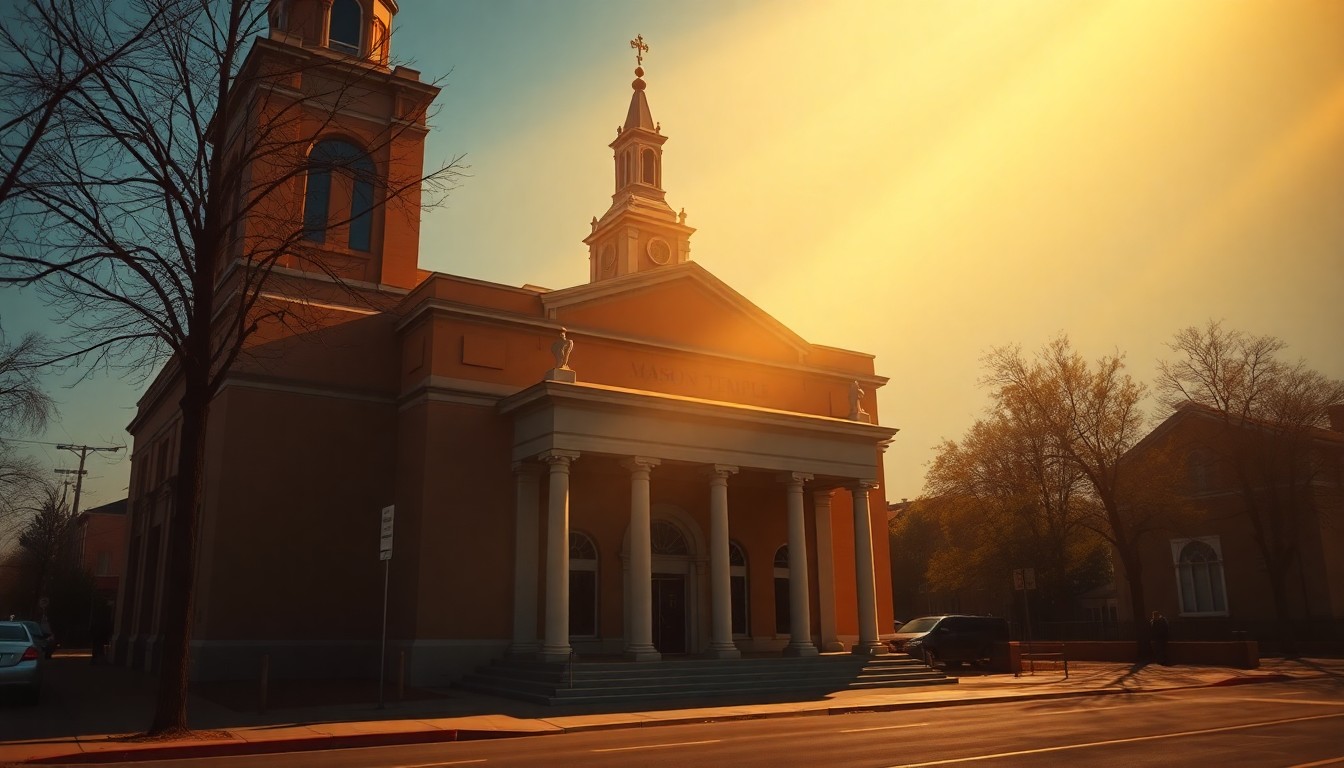 A serene, cinematic painting of the exterior of a large, stately church building in Memphis, Tennessee, with warm sunlight casting long shadows across the facade and surrounding landscape.