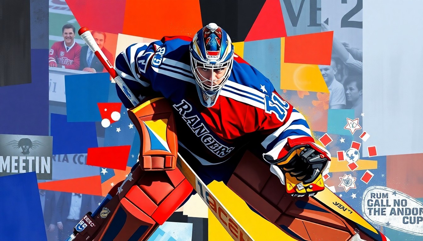 A fractured, geometric painting depicting a hockey goaltender in action, with sharp, overlapping planes of blue, red, and white representing the colors of the New York Rangers and the United States national team.