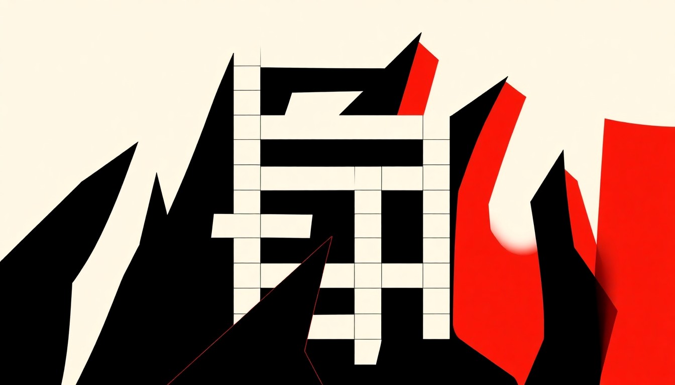 A minimalist, abstract illustration featuring bold, jagged shapes in high-contrast red and white, conceptually representing the mental challenge of solving a word puzzle.