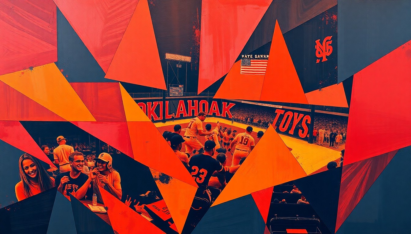 A fragmented, geometric painting in shades of red, orange, and blue that abstractly depicts a softball game between two teams, conveying the competitive energy and passion of the Oklahoma-Texas rivalry.
