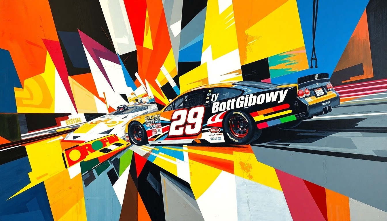 A cubist-style painting depicting a fragmented, multi-angled view of a NASCAR race at Bristol Motor Speedway, with Ty Gibbs' car prominently featured amid the overlapping geometric shapes and planes of color, capturing the raw energy and competitive spirit of the sport.