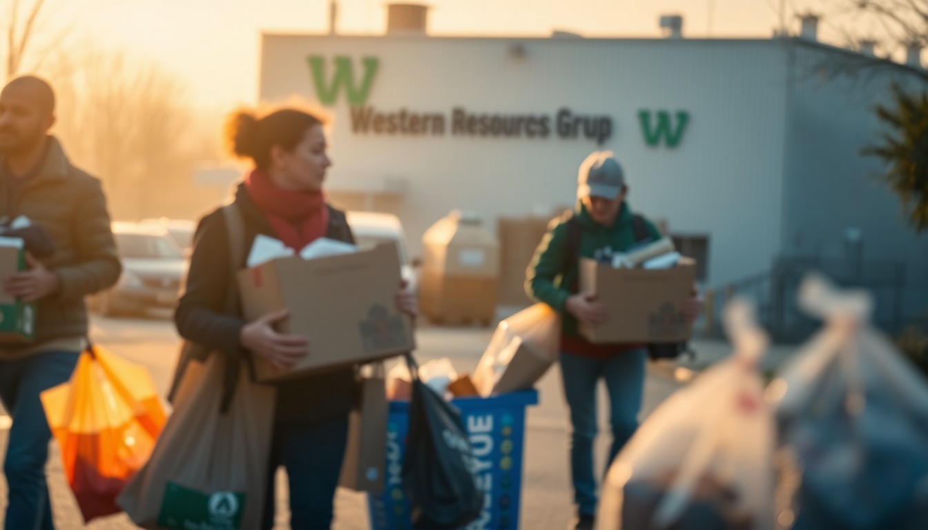 A soft, out-of-focus photograph of residents carrying boxes and bags of recyclables and unwanted items, with a blurred industrial facility in the background, all captured in a warm, golden glow of light and color.