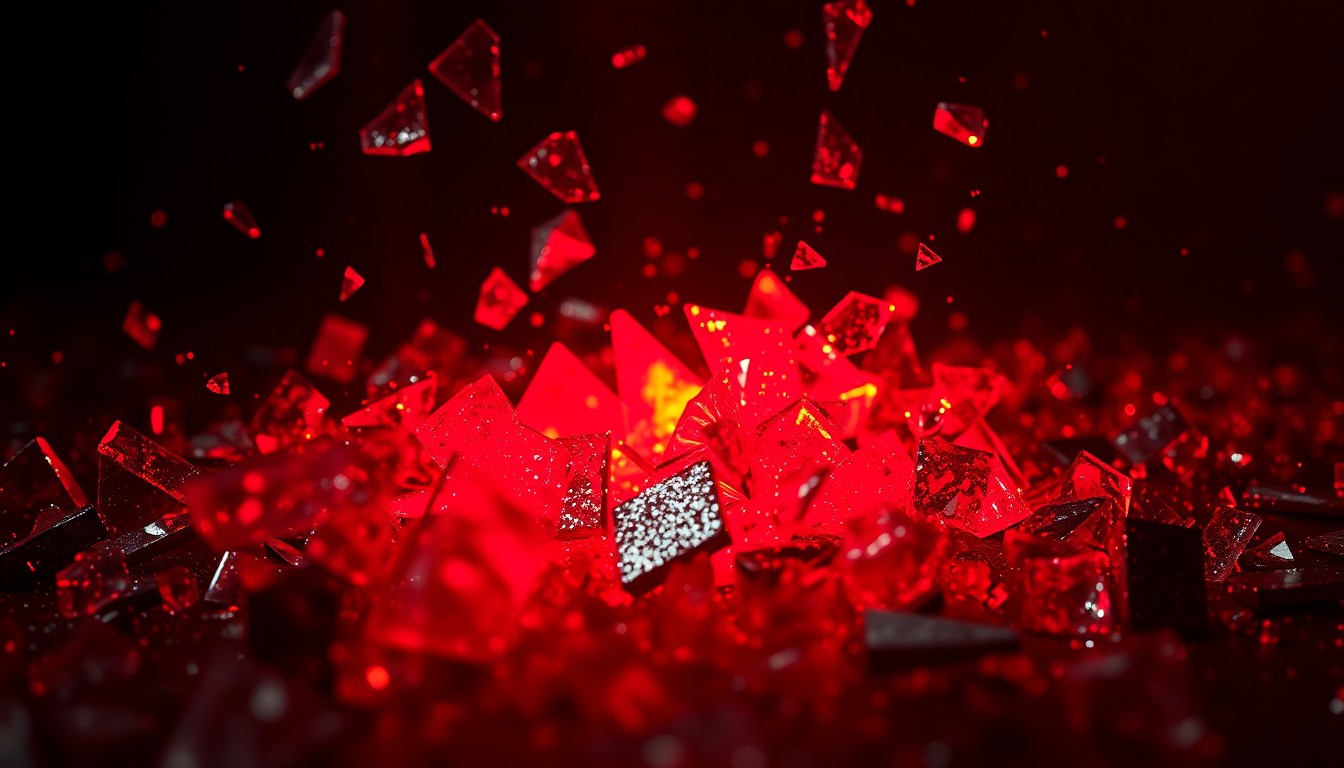 An abstract close-up image featuring shattered glass and metallic fragments reflecting a faint red light, conveying the gritty, industrial energy of Soen's new progressive metal single 'Axis'.