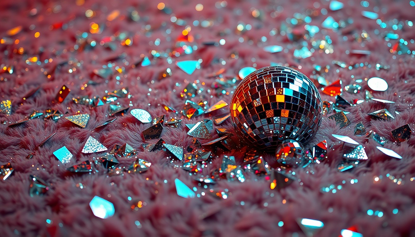 An abstract close-up photograph showing the shimmering, fragmented texture of a disco ball against a rich, velvety backdrop, conveying the glamour and spectacle of a music festival performance.