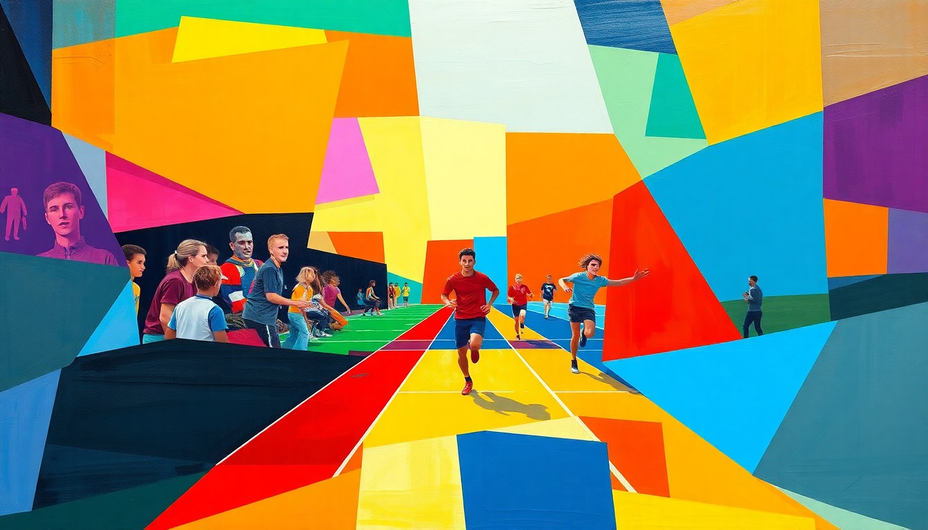 A cubist, geometric painting depicting a high school track and field competition, with overlapping planes of bright red, blue, and yellow colors representing the dynamic motion and energy of the athletes.