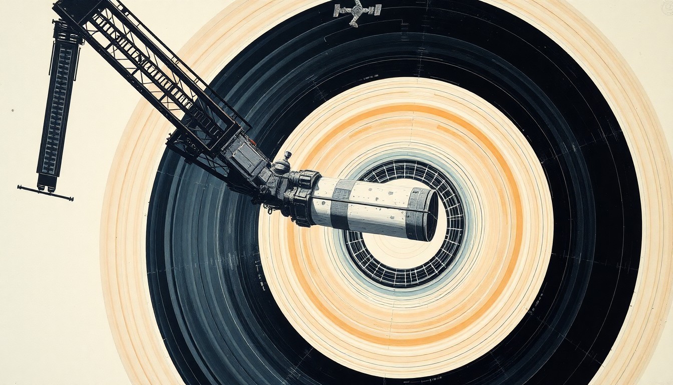 A bold, abstract painting in soft blues, greens, and grays depicting sweeping geometric arcs, concentric circles, and precise mechanical spirals, conceptually representing the complex maneuvers and forces involved in the Canadarm2 capturing and docking the Cygnus XL cargo spacecraft to the International Space Station.