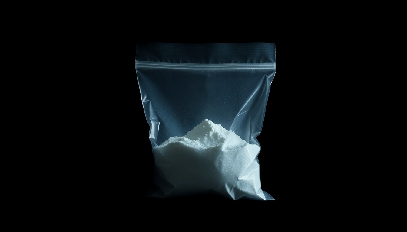 An extreme close-up photograph of a single plastic bag filled with white powder, capturing the texture and material details in dramatic lighting to conceptually illustrate the discovery of a large fentanyl drug stash.