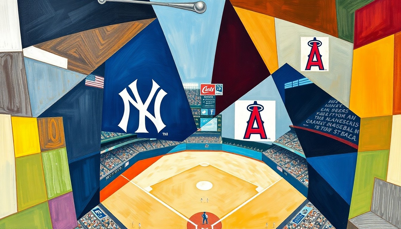 A cubist, geometric painting depicting a baseball game in motion, with overlapping planes of color and shape representing the players, field, and action.