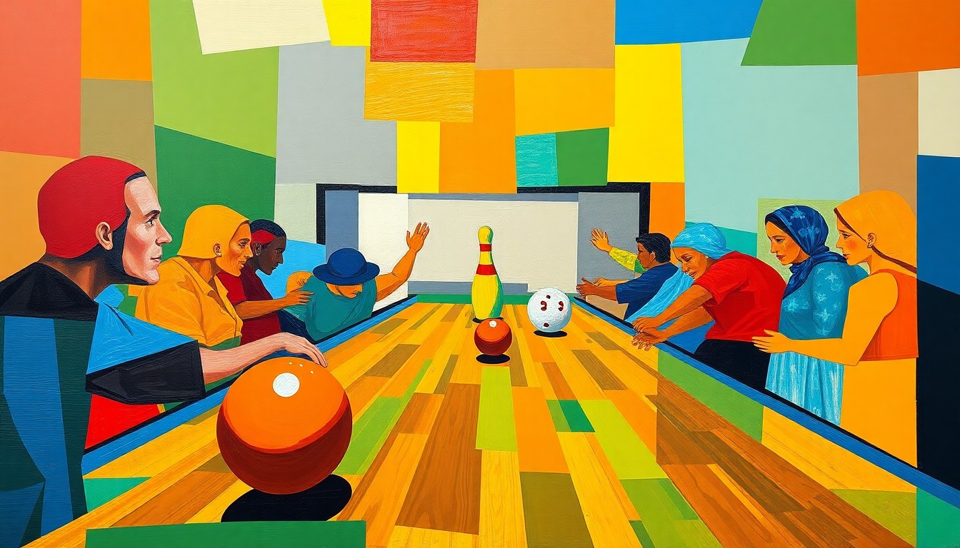 A fragmented, geometric painting in bold primary colors depicting the dynamic movements and angles of a bowling match, capturing the sport's intensity and skill.