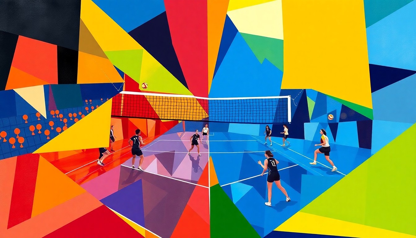 A fractured, multi-perspective painting in bold, geometric shapes and vibrant colors representing the volleyball match between the Omaha Supernovas and Grand Rapids Rise, conveying the dynamic action and competitive spirit of the game.