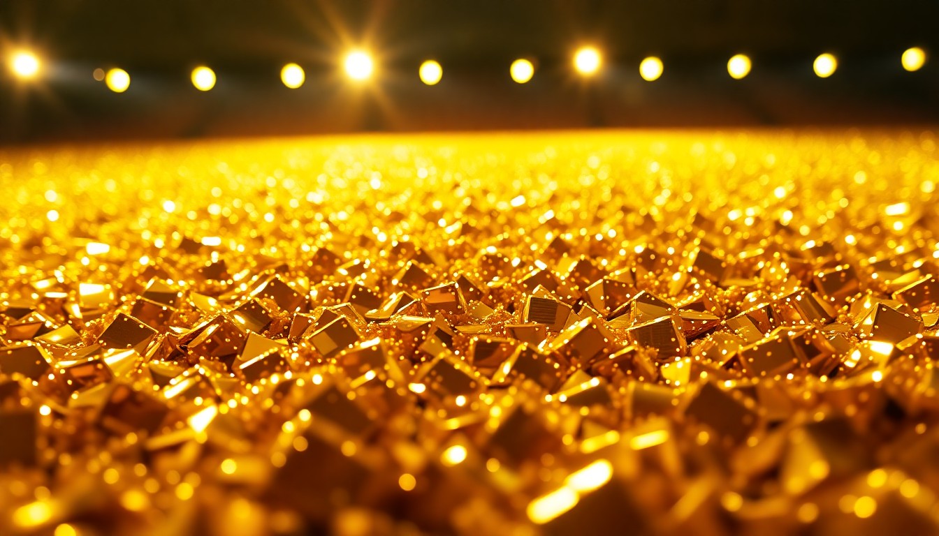 An extreme close-up photograph of shimmering gold sequins reflecting dramatic studio lighting, creating a high-contrast, abstract texture that evokes the glamour and energy of a major concert tour.