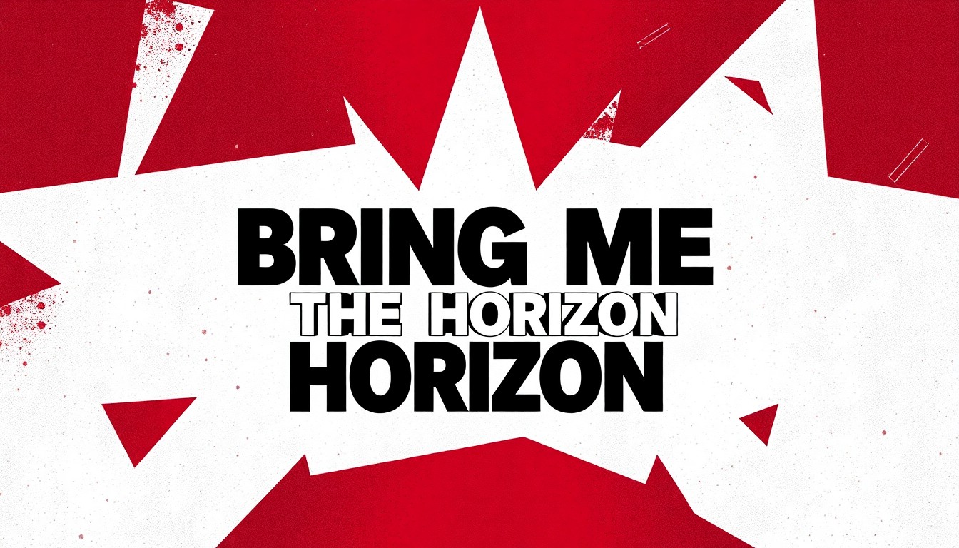 An abstract composition of stark black and white geometric shapes, with bold splashes of deep red, conceptually representing the raw energy and intensity of Bring Me the Horizon's metalcore sound.