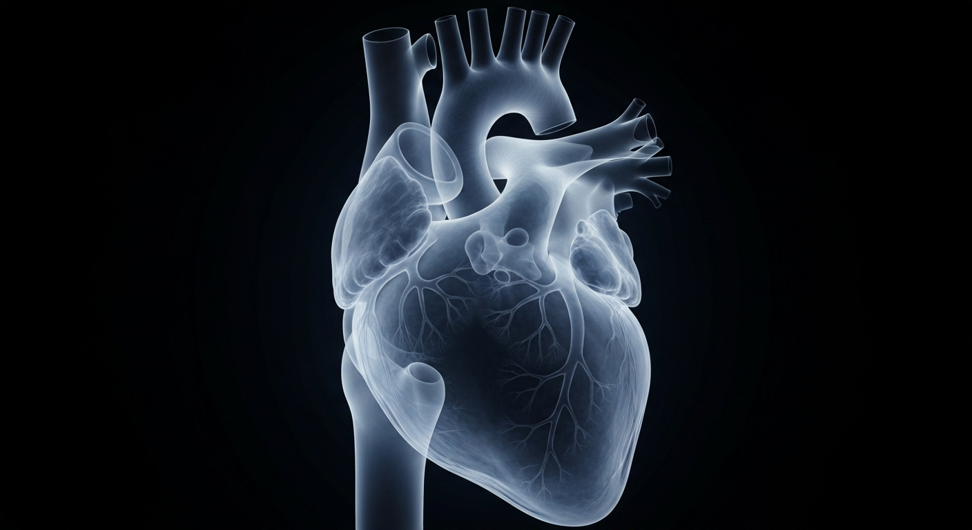 A detailed, ghostly X-ray image of a human heart, its chambers and valves glowing against a dark background, conceptually representing the improved cardiovascular health enabled by a team-based approach to managing high blood pressure.