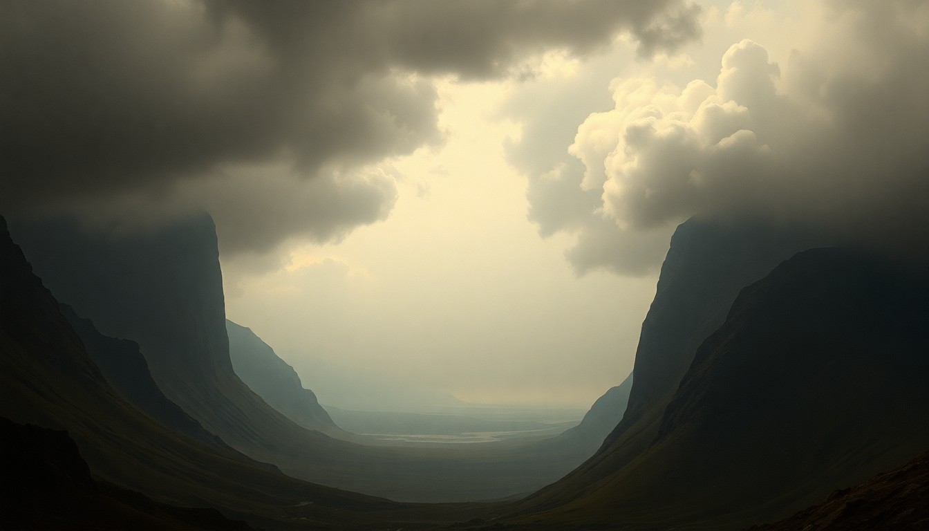 A vast, atmospheric landscape painting in muted tones of grey, blue, and green, with a heavy, overcast sky looming over a distant horizon. The scale of the natural environment dwarfs any physical structures or objects, conveying a sense of the overwhelming power and indifference of the elements.
