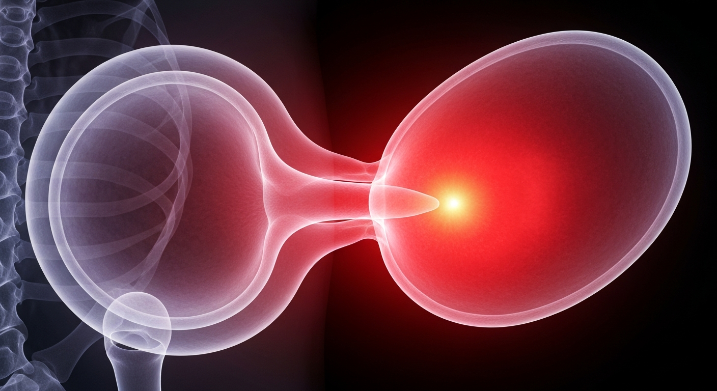 A translucent X-ray photograph showing the ghostly outline of a human ovary glowing with a faint red-orange radiance, symbolizing the invisible threat of radon gas and its potential impact on women's health.