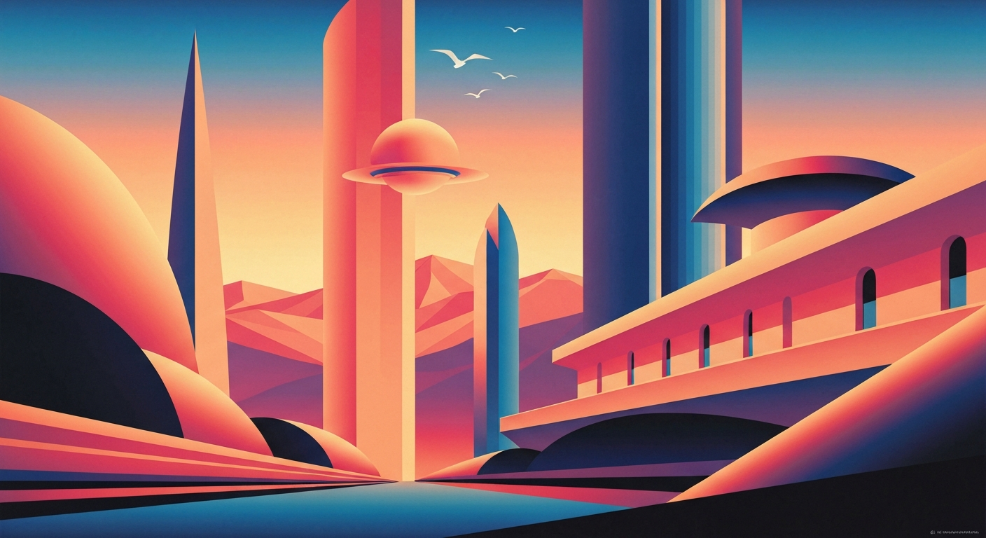 A highly stylized, geometric illustration in the Art Deco Monumentalist style, featuring sweeping architectural forms and gradients of color that evoke the grand scale and romance of urban exploration through augmented reality technology.