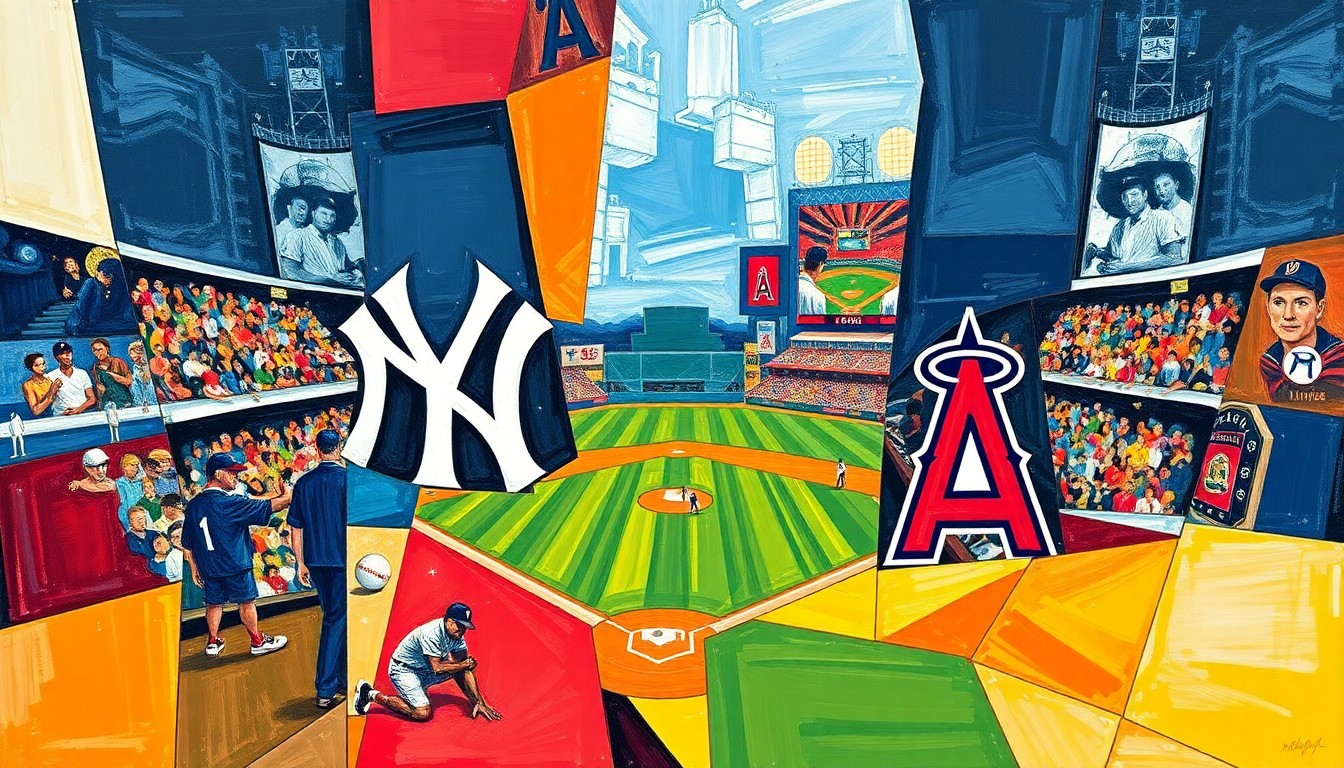 A fractured, geometric painting in bold colors depicting a baseball game in motion, with players and the field breaking down into sharp, overlapping planes.