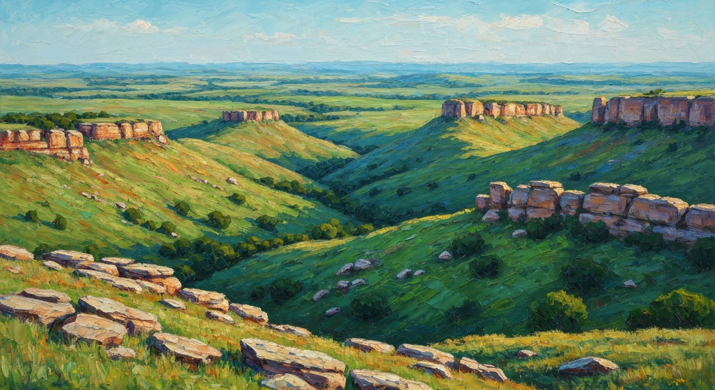 A heavily textured oil painting landscape depicting the rolling hills and rocky outcroppings of the Wichita Mountains in Oklahoma, using a vibrant color palette of deep greens, ochres, and blues to capture the rugged natural beauty of the region.